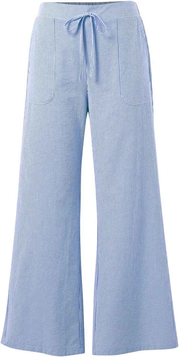 Womens Striped Linen Pants Low Rise Wide Leg Plus Size Trendy Drawstring Elastic Waist Casual Flowy Trouser with Pockets