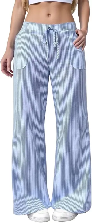 Womens Striped Linen Pants Low Rise Wide Leg Plus Size Trendy Drawstring Elastic Waist Casual Flowy Trouser with Pockets