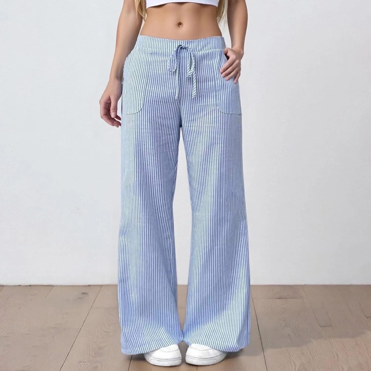 Womens Striped Linen Pants Low Rise Wide Leg Plus Size Trendy Drawstring Elastic Waist Casual Flowy Trouser with Pockets