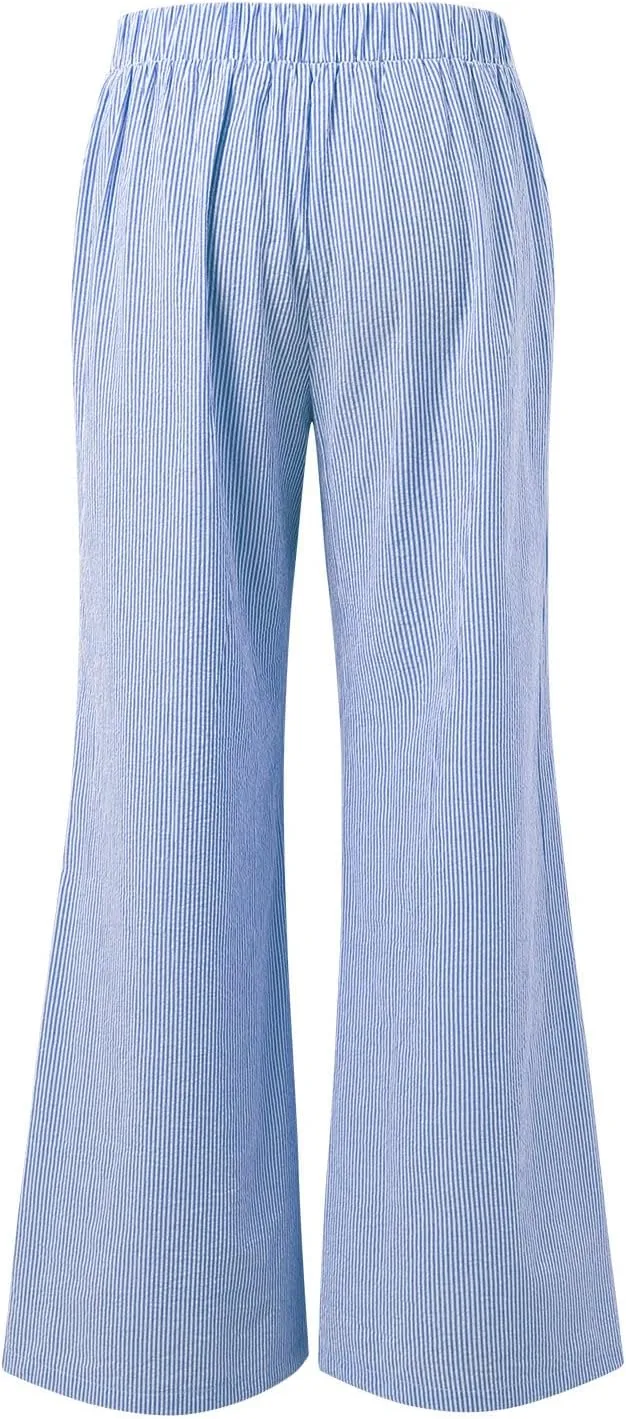 Womens Striped Linen Pants Low Rise Wide Leg Plus Size Trendy Drawstring Elastic Waist Casual Flowy Trouser with Pockets