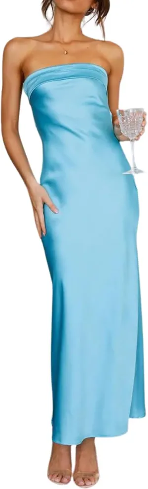 Women's Summer Satin Silk Maxi Bodycon Dresses Strapless Tube Backless Hollow Out Elegant Long Party Club Dress