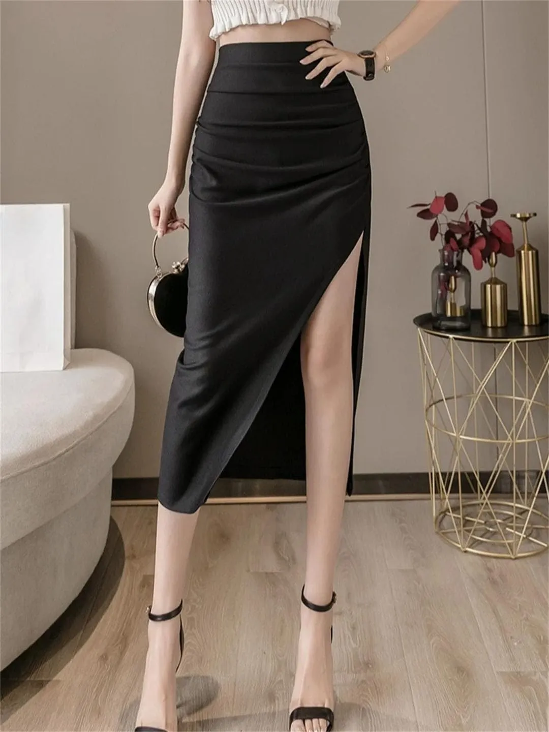 Women's Summer Solid Side Split Wrap High Waist A-Line Above Knee Mini Pencil Skirts