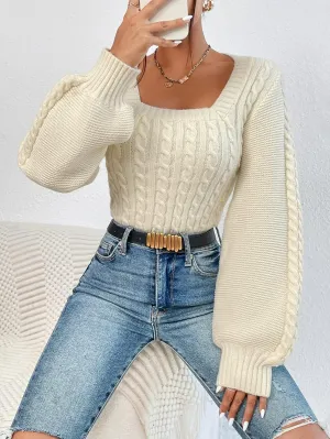 Women's Sweater Square Neck Cable Knit Sweater Sweater for Women (Color : Beige, Size : X-Small)