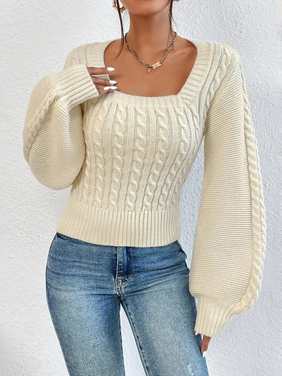 Women's Sweater Square Neck Cable Knit Sweater Sweater for Women (Color : Beige, Size : X-Small)