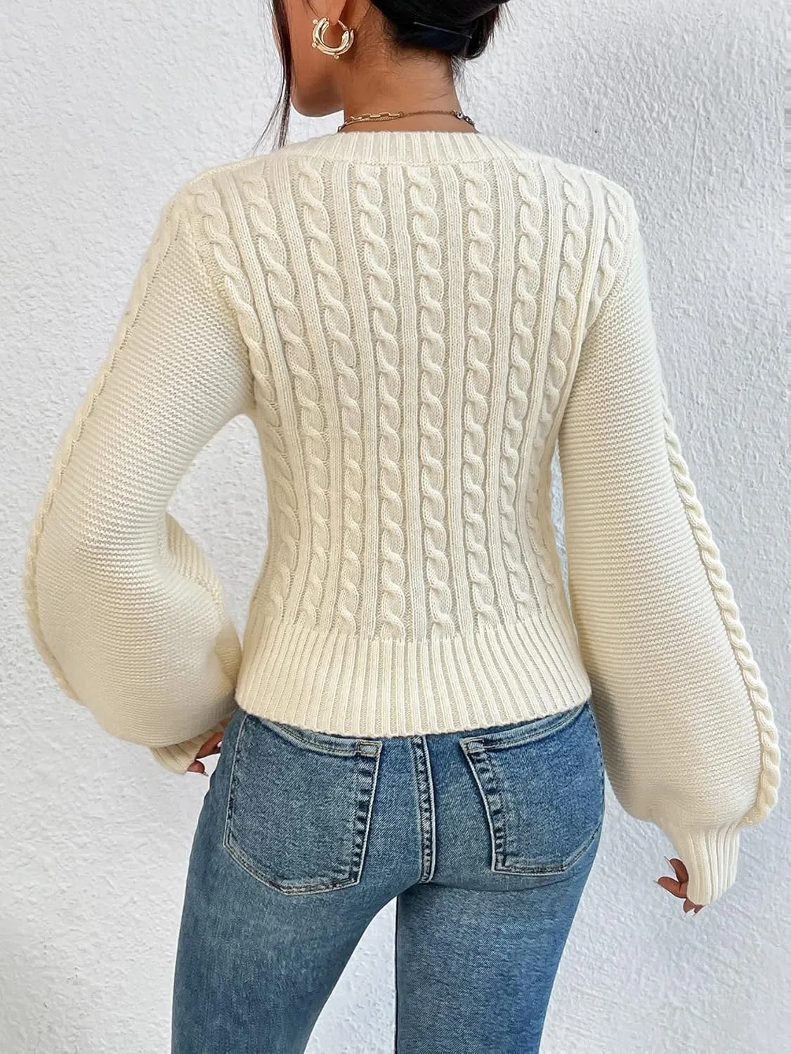 Women's Sweater Square Neck Cable Knit Sweater Sweater for Women (Color : Beige, Size : X-Small)