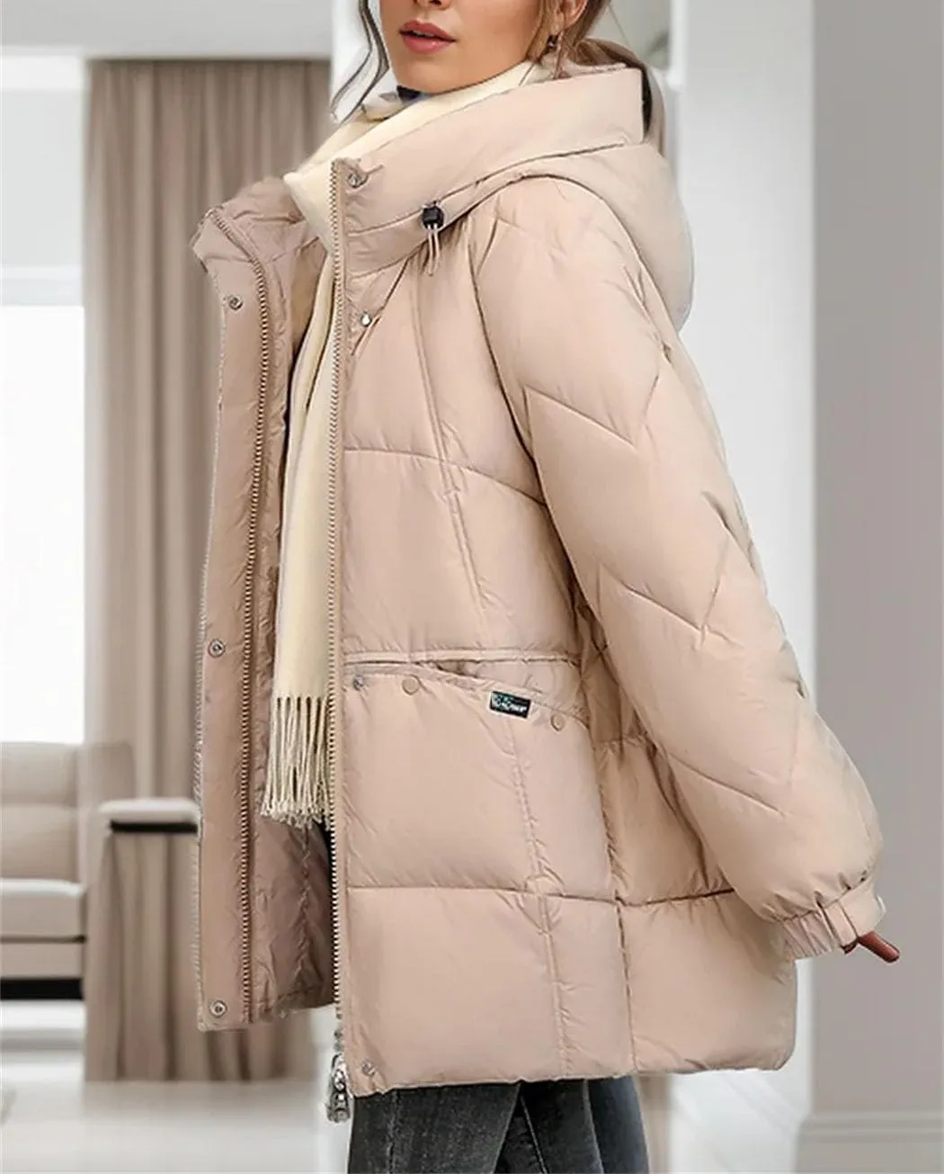 Women's Winter Padded Puffer Jacket Hooded High Collar White Duck Down Coats Outdoor Windproof Thermal Parkas