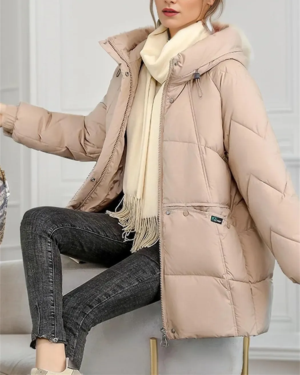 Women's Winter Padded Puffer Jacket Hooded High Collar White Duck Down Coats Outdoor Windproof Thermal Parkas