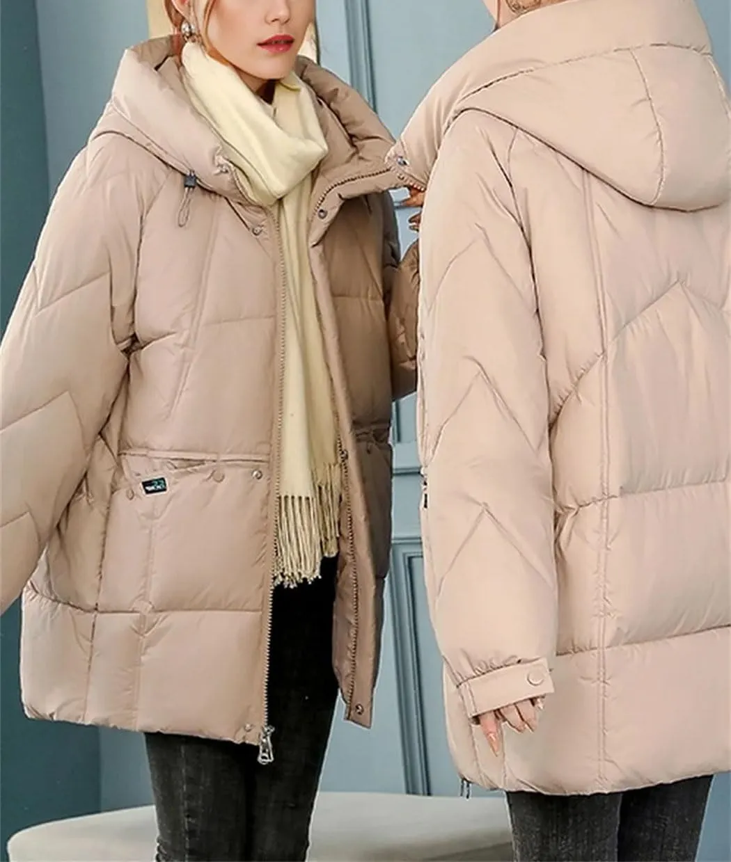 Women's Winter Padded Puffer Jacket Hooded High Collar White Duck Down Coats Outdoor Windproof Thermal Parkas