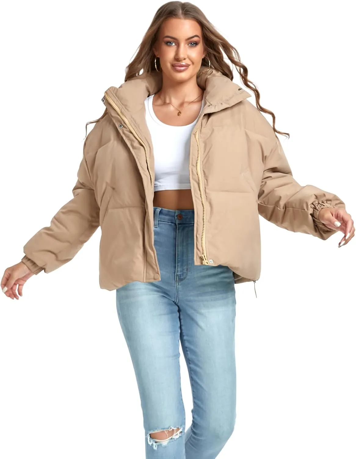 Women's Winter Warm Long Sleeve Zip Up Drawstring Baggy Cropped Puffer Down Jacket Coat Outerwear