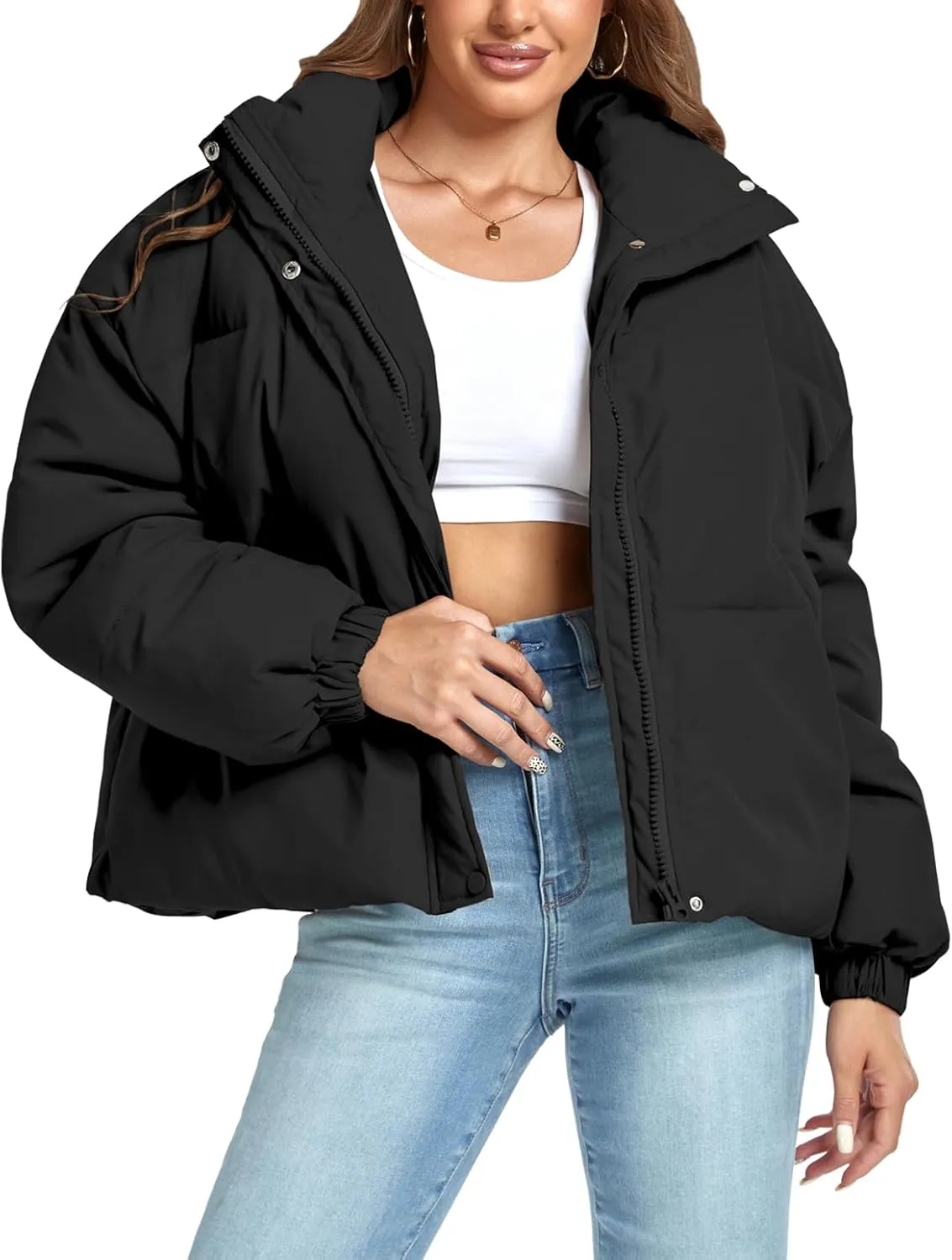 Women's Winter Warm Long Sleeve Zip Up Drawstring Baggy Cropped Puffer Down Jacket Coat Outerwear