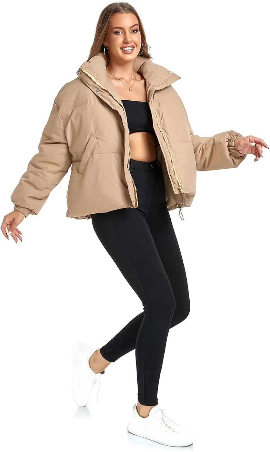 Women's Winter Warm Long Sleeve Zip Up Drawstring Baggy Cropped Puffer Down Jacket Coat Outerwear