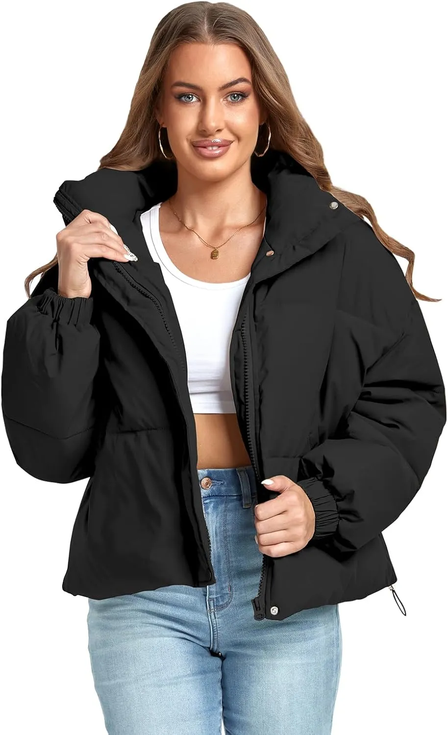 Women's Winter Warm Long Sleeve Zip Up Drawstring Baggy Cropped Puffer Down Jacket Coat Outerwear