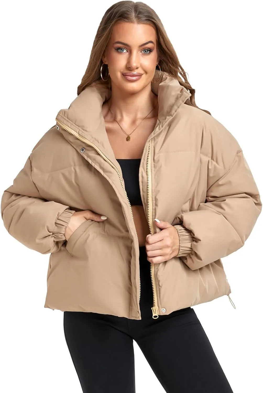 Women's Winter Warm Long Sleeve Zip Up Drawstring Baggy Cropped Puffer Down Jacket Coat Outerwear
