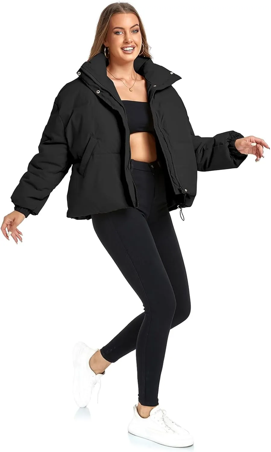 Women's Winter Warm Long Sleeve Zip Up Drawstring Baggy Cropped Puffer Down Jacket Coat Outerwear