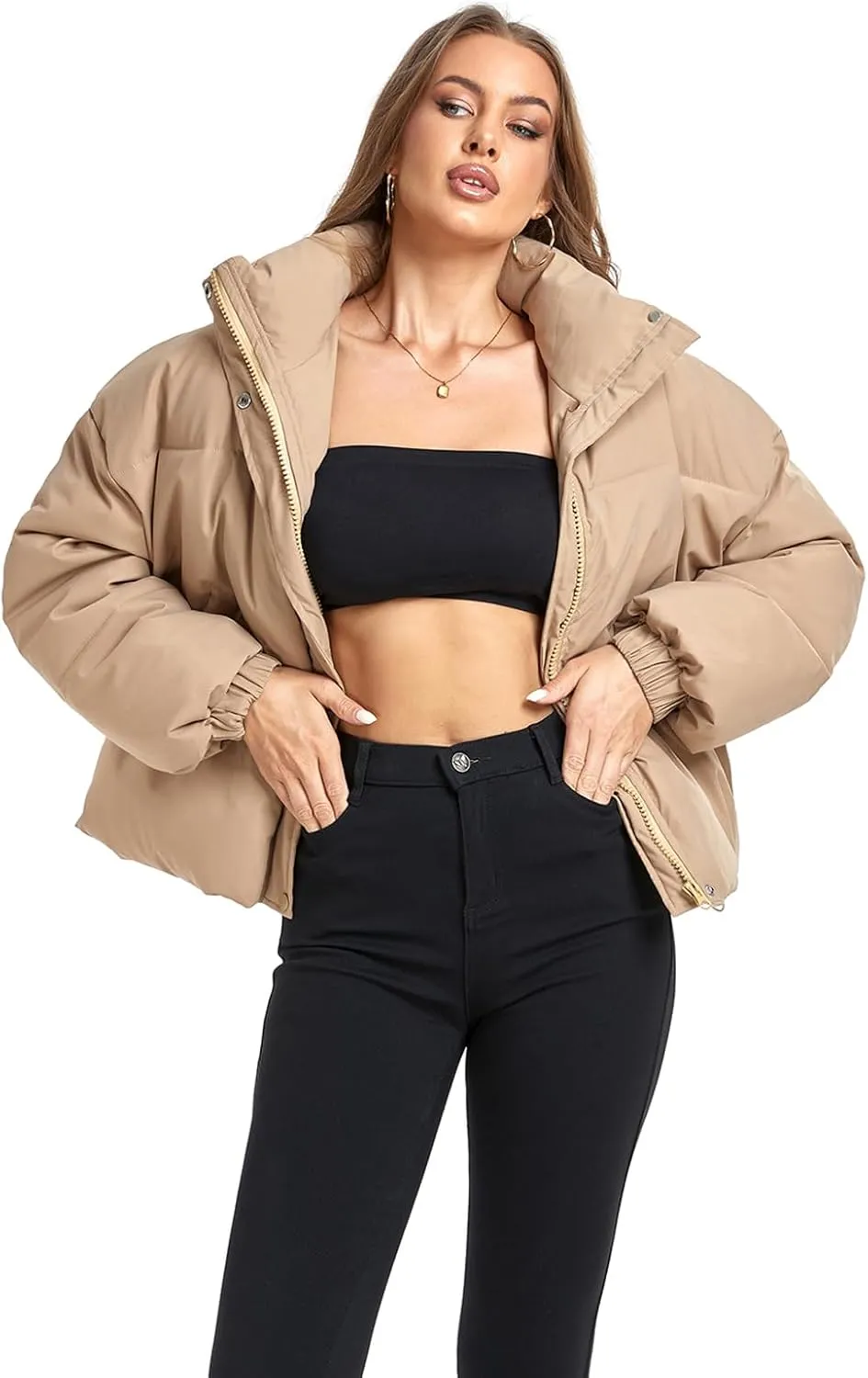 Women's Winter Warm Long Sleeve Zip Up Drawstring Baggy Cropped Puffer Down Jacket Coat Outerwear