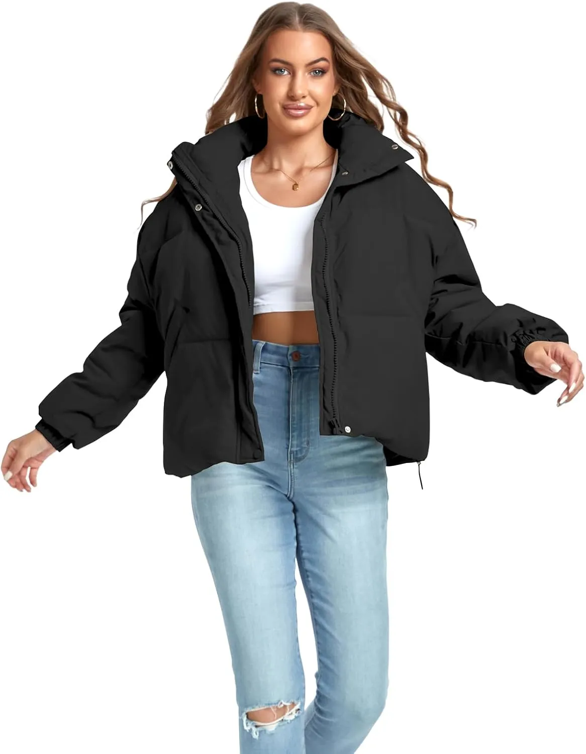 Women's Winter Warm Long Sleeve Zip Up Drawstring Baggy Cropped Puffer Down Jacket Coat Outerwear