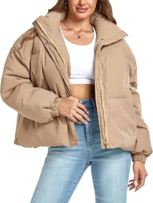 Women's Winter Warm Long Sleeve Zip Up Drawstring Baggy Cropped Puffer Down Jacket Coat Outerwear