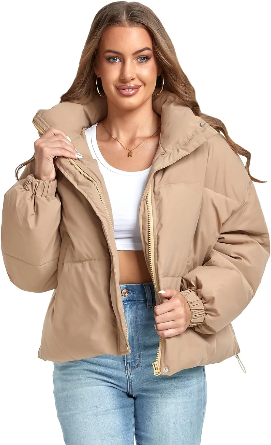 Women's Winter Warm Long Sleeve Zip Up Drawstring Baggy Cropped Puffer Down Jacket Coat Outerwear