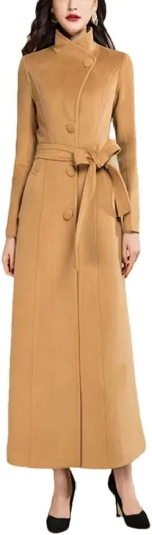 Women's Wool Blended Coat Autumn and Winter Single Breasted Stand ColLAr Long Slim Windbreaker Jacket
