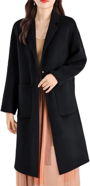 Women's Wool Blended Coat LApel Single Button Long Windbreaker Winter Warm Reversible Coat Jacket