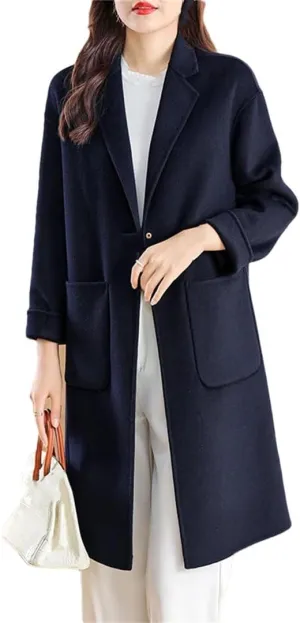 Women's Wool Blended Coat LApel Single Button Long Windbreaker Winter Warm Reversible Coat Jacket