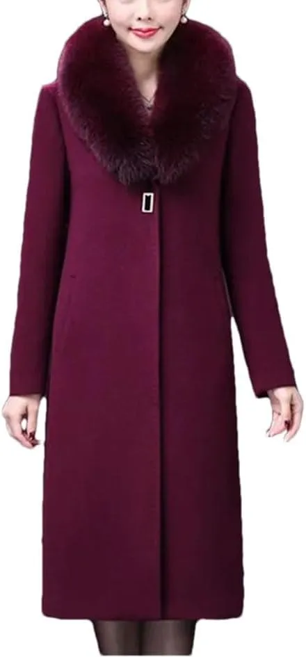 Women's Wool Blended Coat Winter LArge Fur ColLAr Mid-Length Casual Warm Windbreaker Jacket