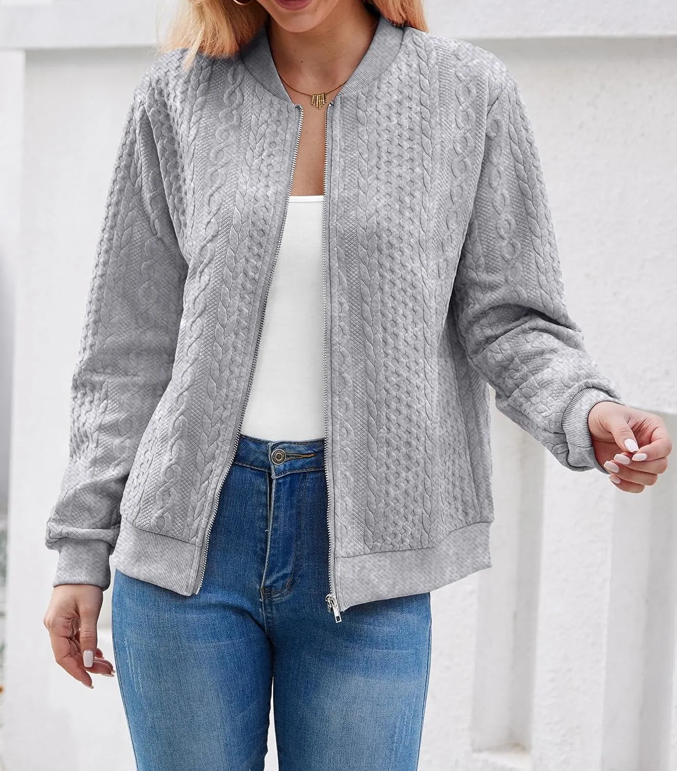 Women's Zip Up Cardigan Sweater Cable Hoodies Long Sleeve Jacket Outfits Crewneck Casual Coat