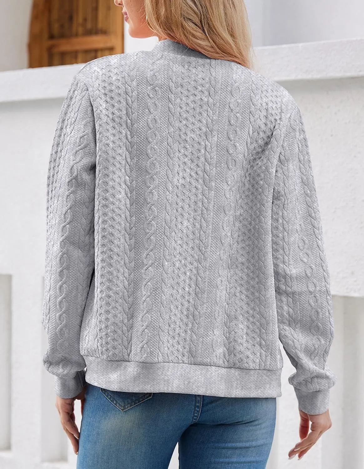 Women's Zip Up Cardigan Sweater Cable Hoodies Long Sleeve Jacket Outfits Crewneck Casual Coat