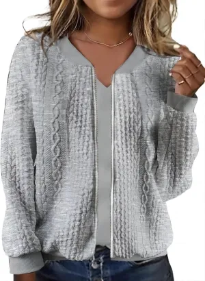 Women's Zip Up Cardigan Sweater Cable Hoodies Long Sleeve Jacket Outfits Crewneck Casual Coat