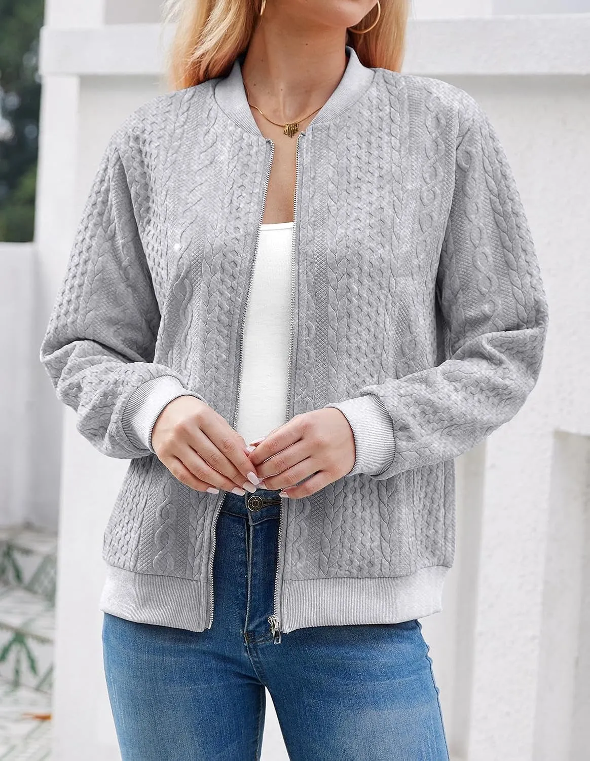 Women's Zip Up Cardigan Sweater Cable Hoodies Long Sleeve Jacket Outfits Crewneck Casual Coat