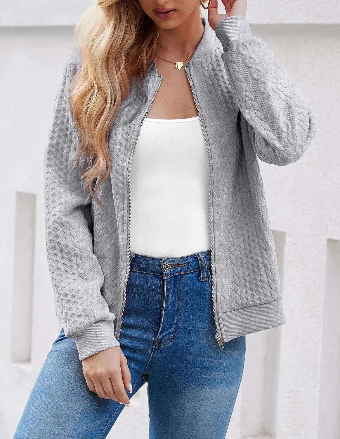 Women's Zip Up Cardigan Sweater Cable Hoodies Long Sleeve Jacket Outfits Crewneck Casual Coat