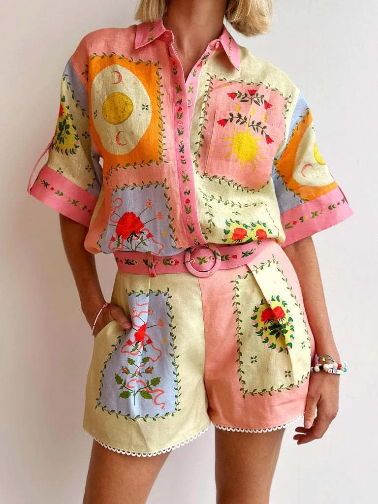 Wuitrie Shirt and Shorts Set Women Casual Trendy Short Sleeve Collar Button Shirt Elasticat Waist Short Beach Suit