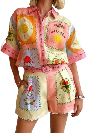 Wuitrie Shirt and Shorts Set Women Casual Trendy Short Sleeve Collar Button Shirt Elasticat Waist Short Beach Suit