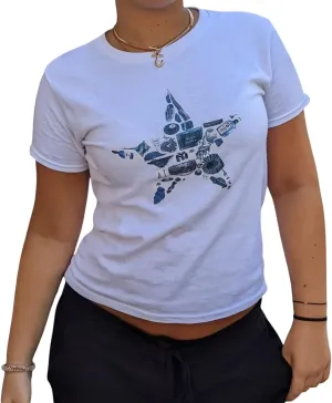 Y2k Baby Tee Short Sleeve Graphic Crop Top Women Teen Girl Floral Cute Crew Neck Slim Fit Vintage Cropped Shirts