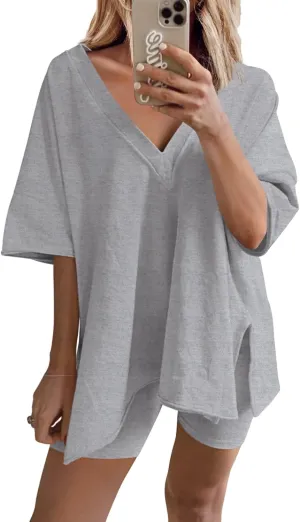 Yanekop Womens Oversized 2 Piece Outfit Sets Reversible V Neck T Shirt Biker Shorts Sports Tracksuit