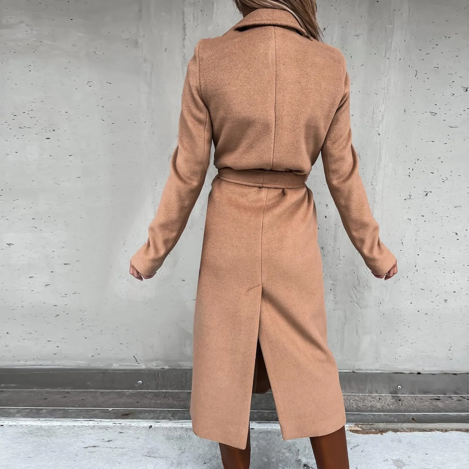 yardsong Women's Long Wool Blend Pea Coat Belted Tie Waisted Notched Lapel Collar Trench Coats Business Jacket Outerwear