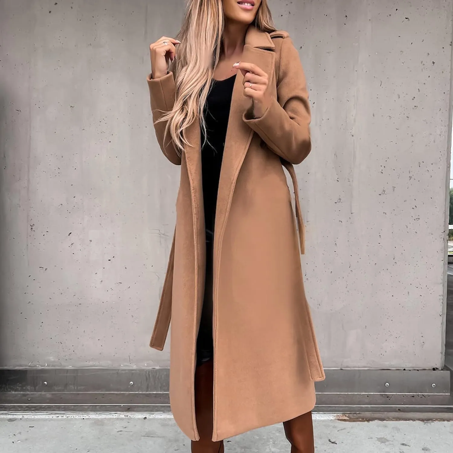yardsong Women's Long Wool Blend Pea Coat Belted Tie Waisted Notched Lapel Collar Trench Coats Business Jacket Outerwear