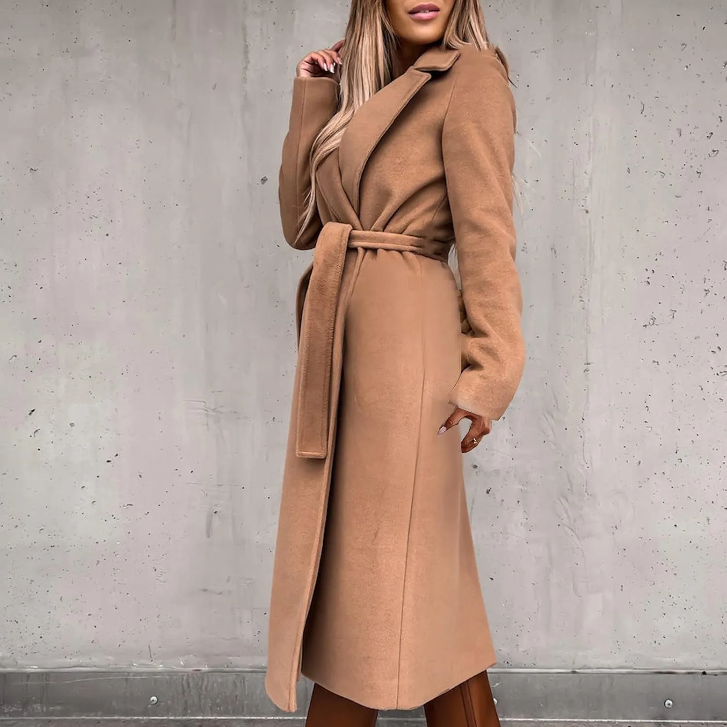yardsong Women's Long Wool Blend Pea Coat Belted Tie Waisted Notched Lapel Collar Trench Coats Business Jacket Outerwear