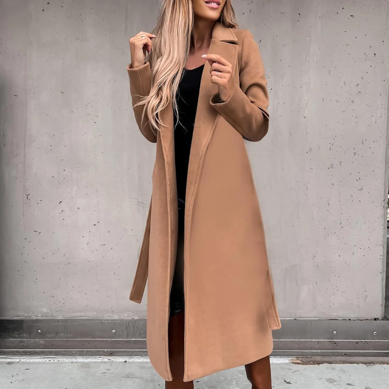yardsong Women's Long Wool Blend Pea Coat Belted Tie Waisted Notched Lapel Collar Trench Coats Business Jacket Outerwear