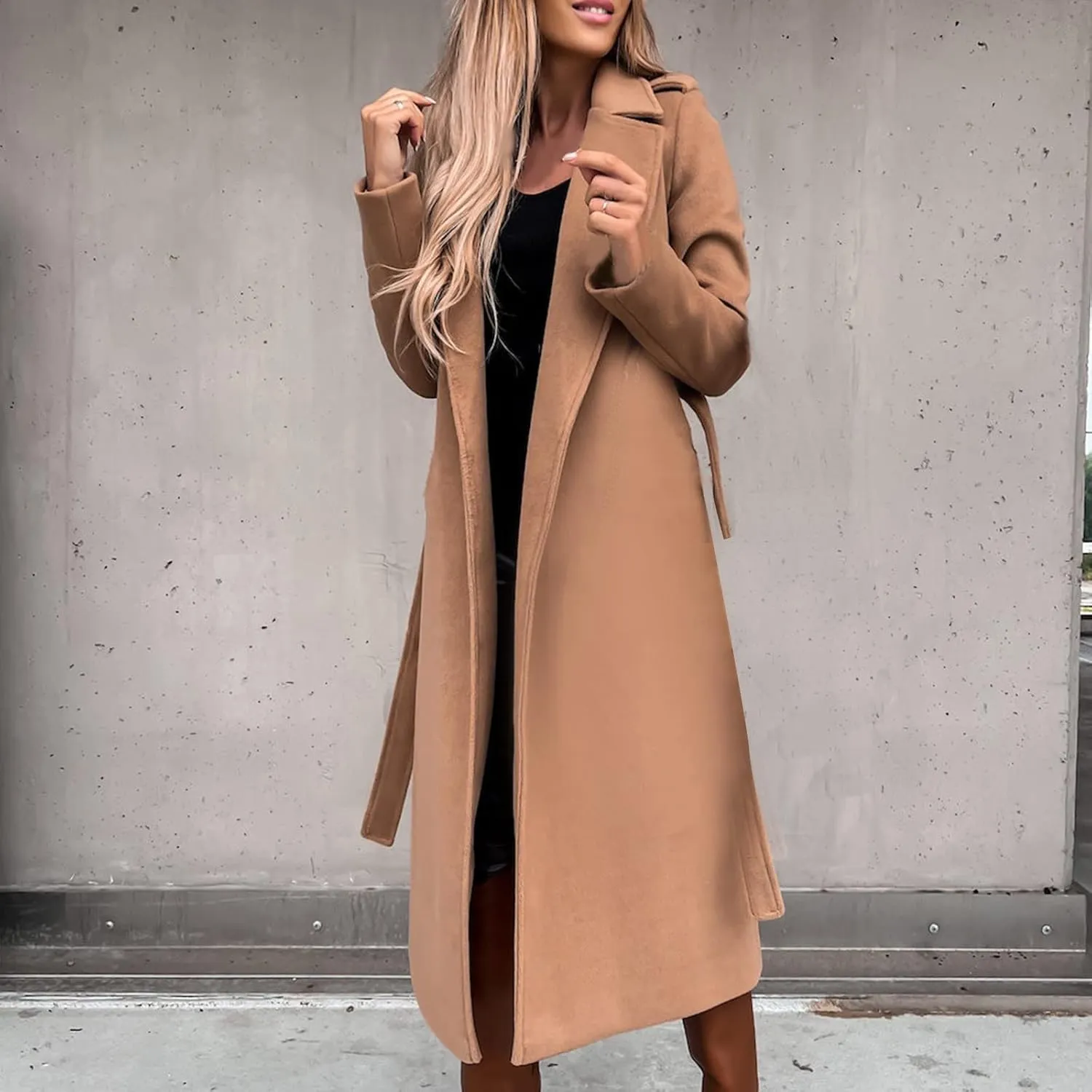 yardsong Women's Long Wool Blend Pea Coat Belted Tie Waisted Notched Lapel Collar Trench Coats Business Jacket Outerwear