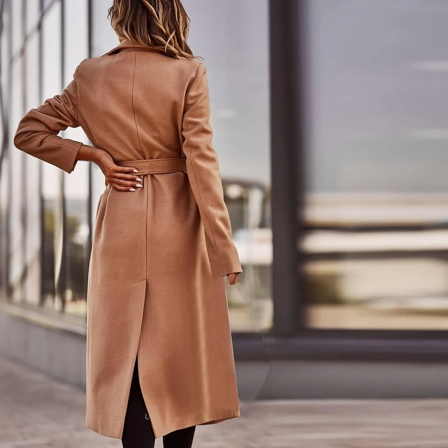 yardsong Women's Long Wool Blend Pea Coat Belted Tie Waisted Notched Lapel Collar Trench Coats Business Jacket Outerwear