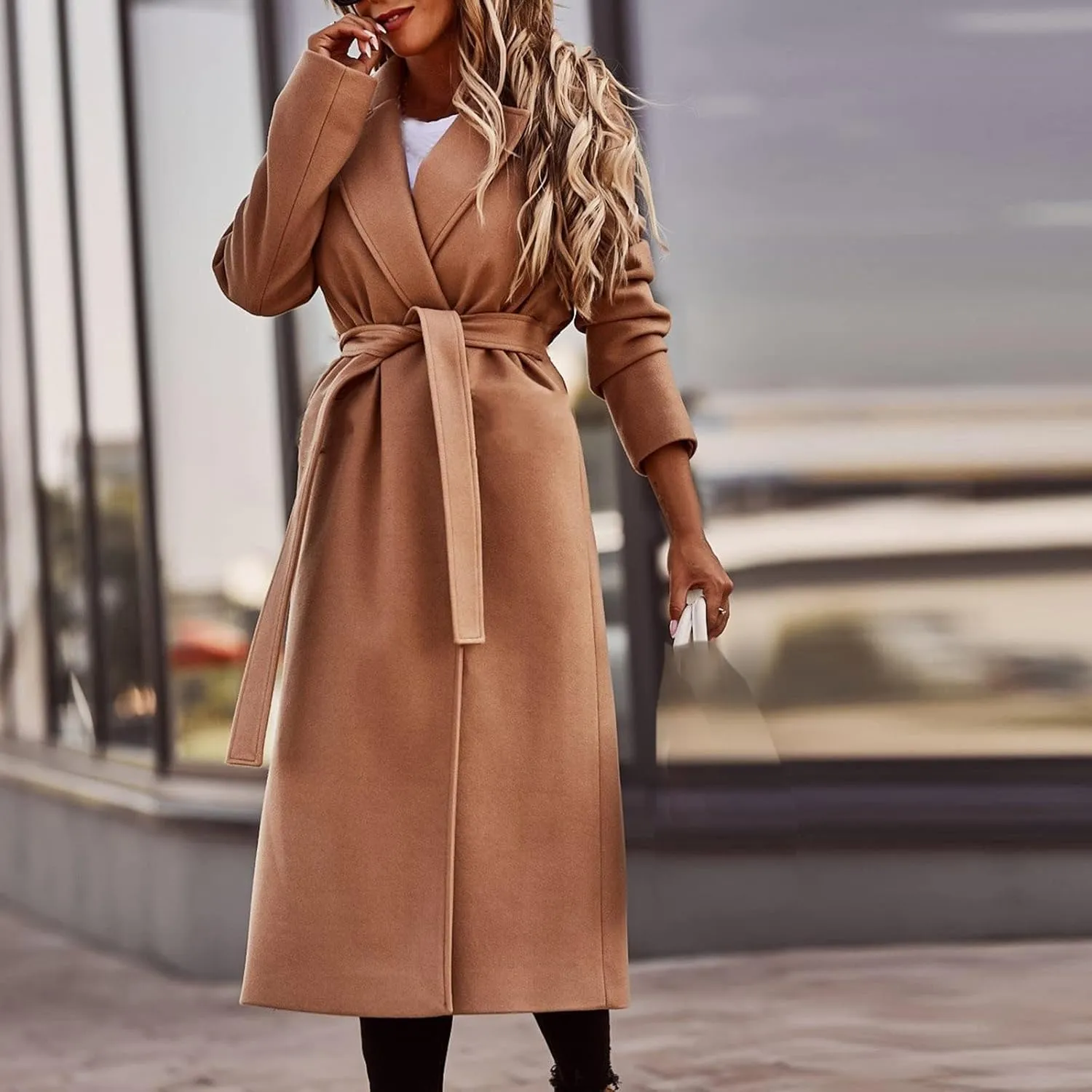 yardsong Women's Long Wool Blend Pea Coat Belted Tie Waisted Notched Lapel Collar Trench Coats Business Jacket Outerwear