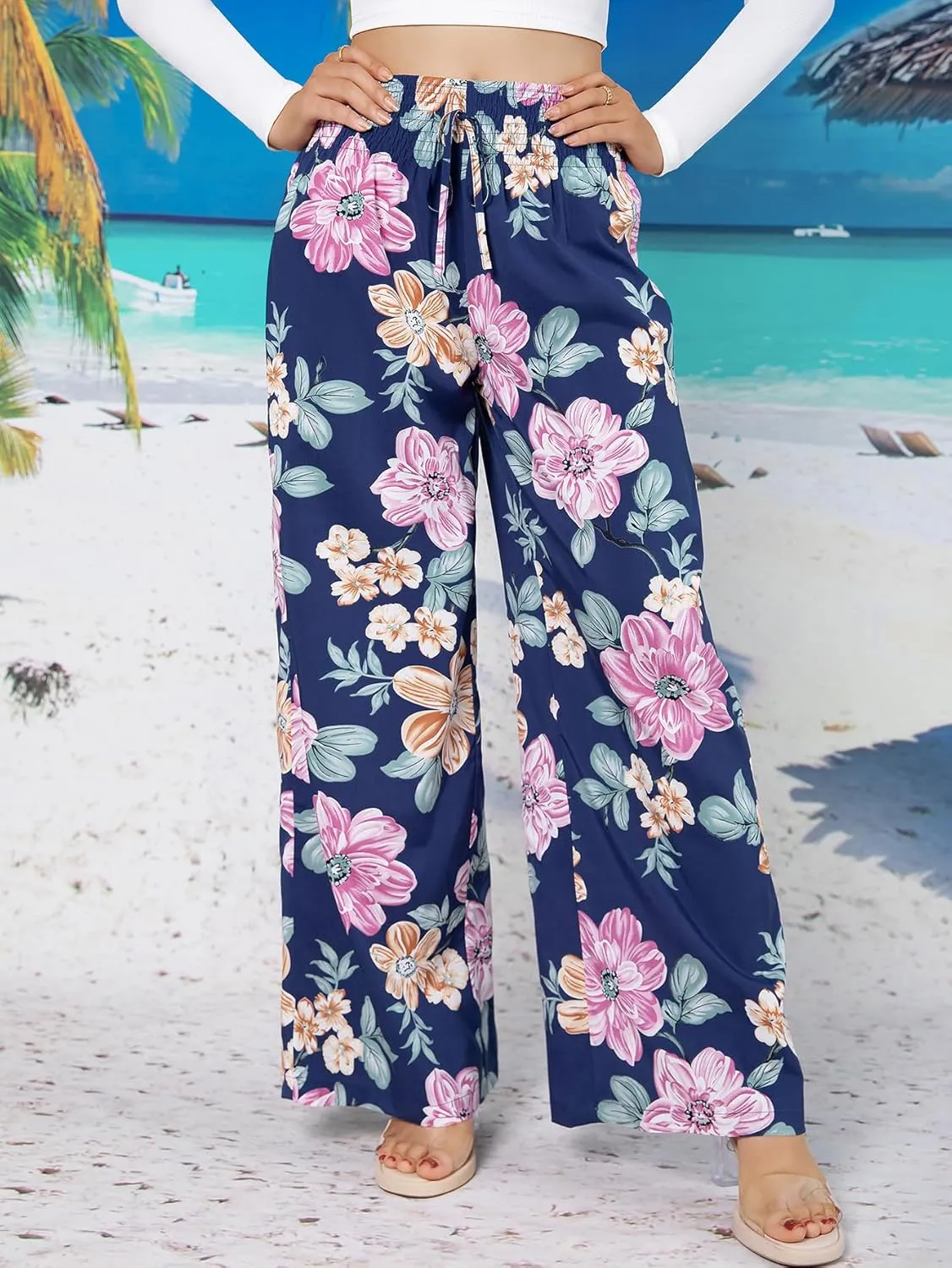YHYJMY Womens Boho Wide Leg Pants Casual Elastic High Waisted Flowy Palazzo Pants Beach Lounge Long Trousers with Pocket