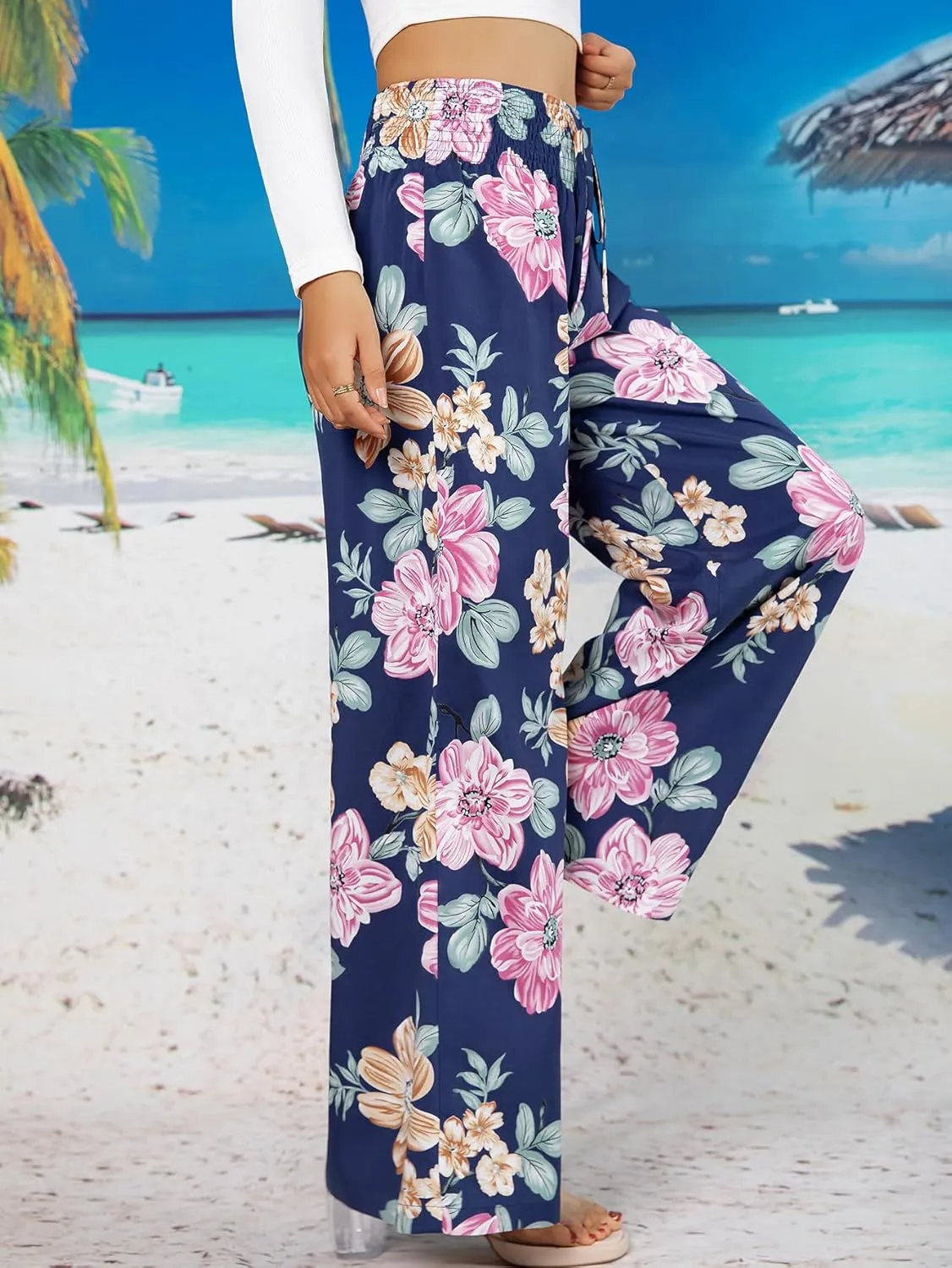 YHYJMY Womens Boho Wide Leg Pants Casual Elastic High Waisted Flowy Palazzo Pants Beach Lounge Long Trousers with Pocket