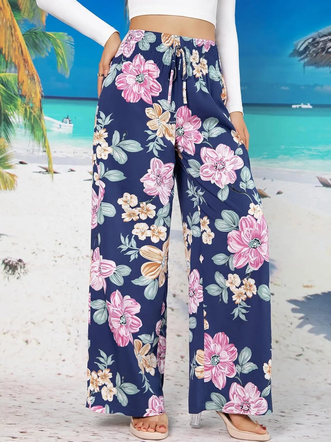 YHYJMY Womens Boho Wide Leg Pants Casual Elastic High Waisted Flowy Palazzo Pants Beach Lounge Long Trousers with Pocket