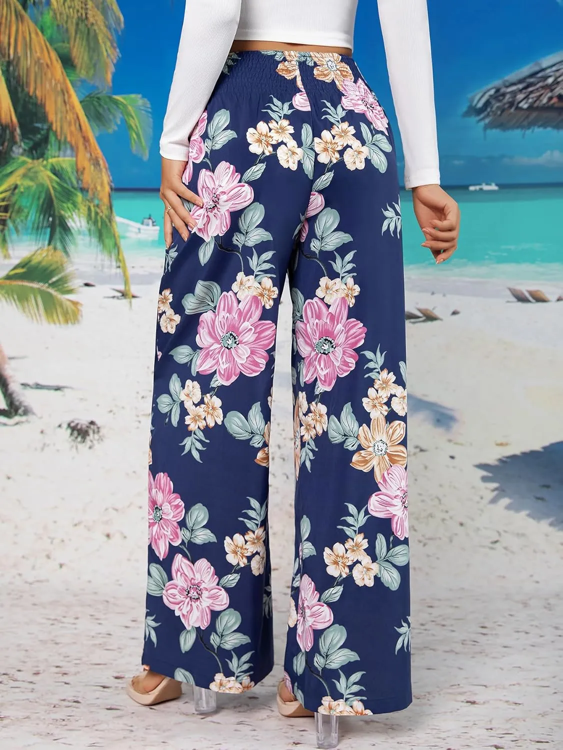 YHYJMY Womens Boho Wide Leg Pants Casual Elastic High Waisted Flowy Palazzo Pants Beach Lounge Long Trousers with Pocket