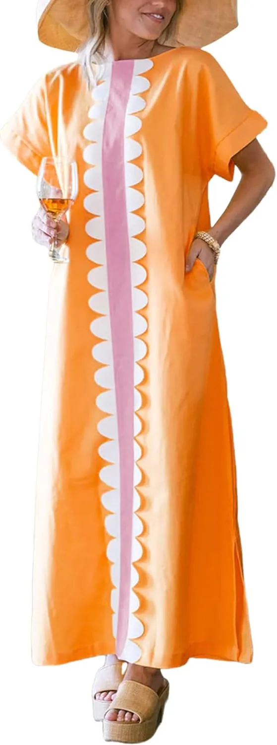 Yidarer Women's T-Shirt Maxi Dress Crew Neck Oversized Color Block Side Split Long Sundress with Pockets