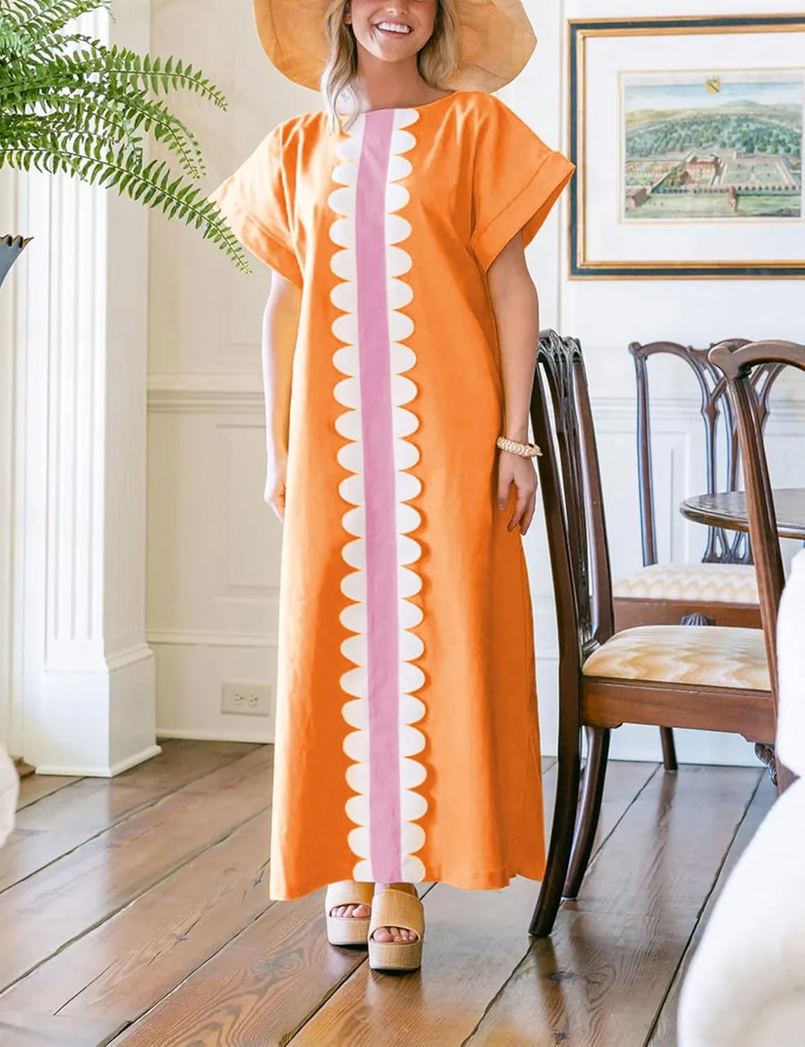 Yidarer Women's T-Shirt Maxi Dress Crew Neck Oversized Color Block Side Split Long Sundress with Pockets