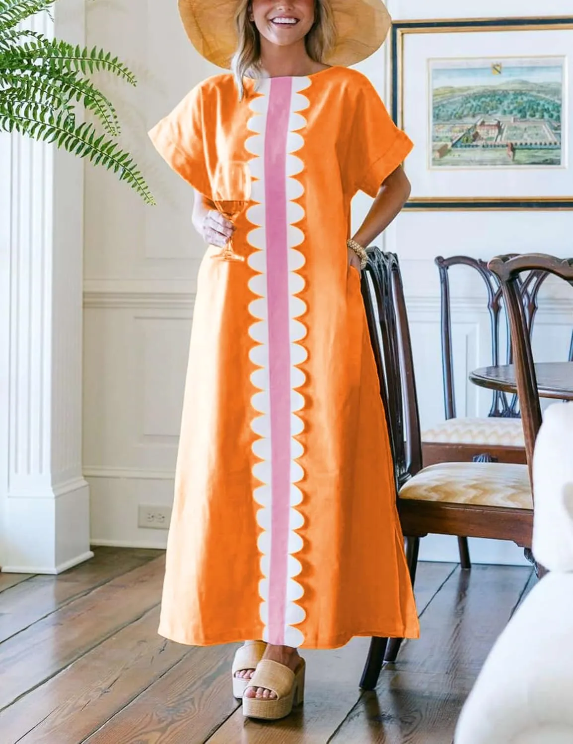 Yidarer Women's T-Shirt Maxi Dress Crew Neck Oversized Color Block Side Split Long Sundress with Pockets