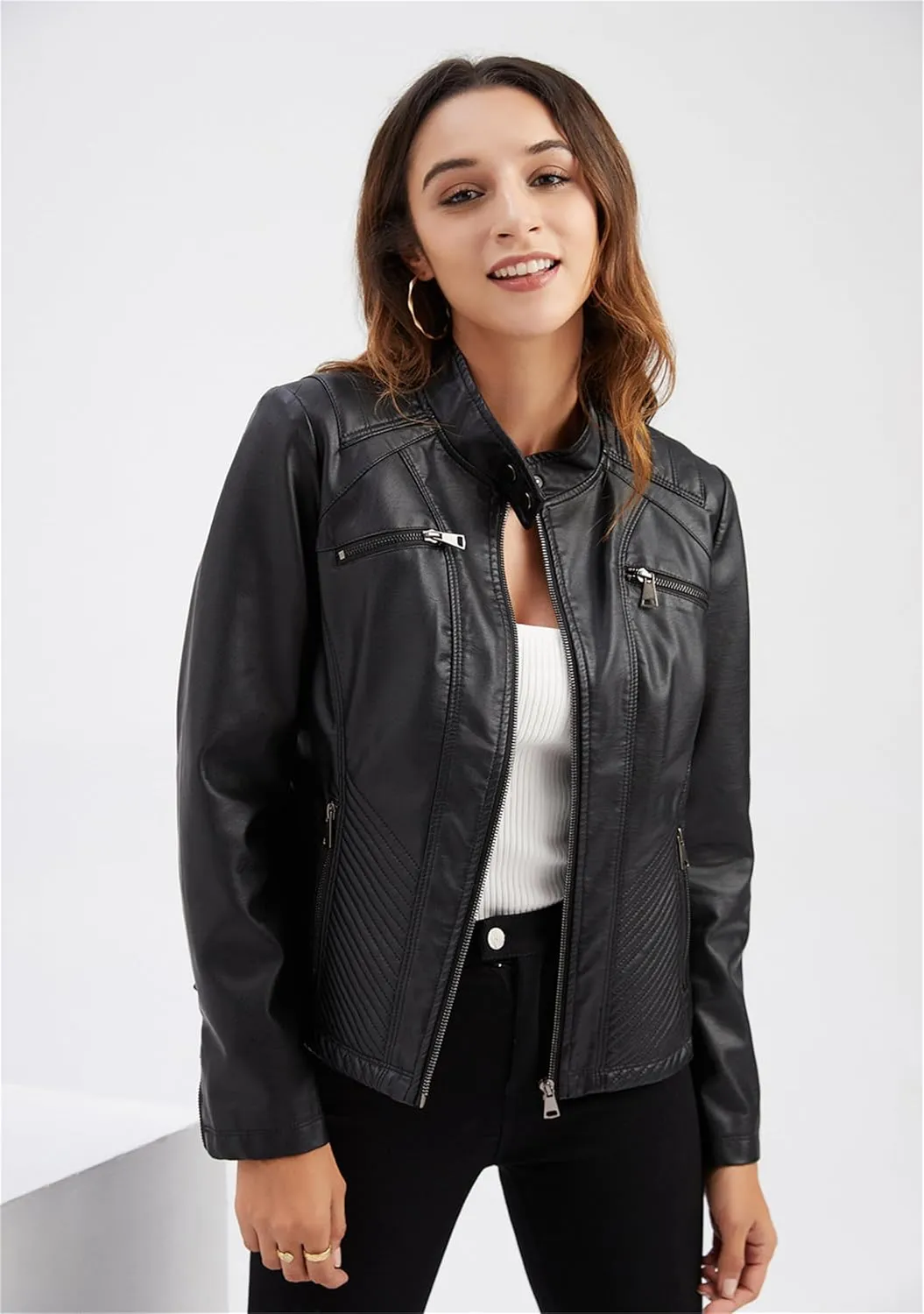 YMING Womens Faux Leather Zipper Jackets PU Motorcycle Coat Fall Plus Size Biker Outwear